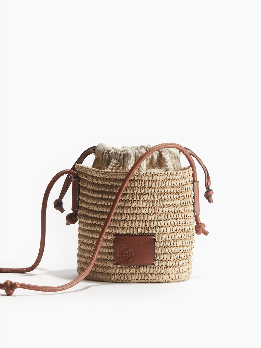 H&M Straw Bucket Crossbody Bag With Brown Leather Trim